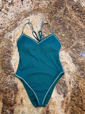 Shade & Shore Teal One-Piece Swimsuit with White Trim
